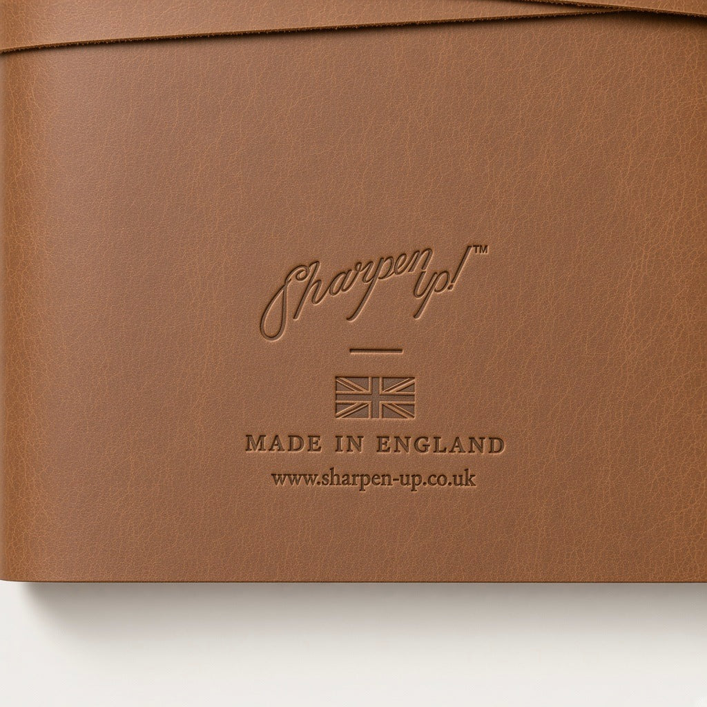 Debossed Sharpen Up stamp on back cover
